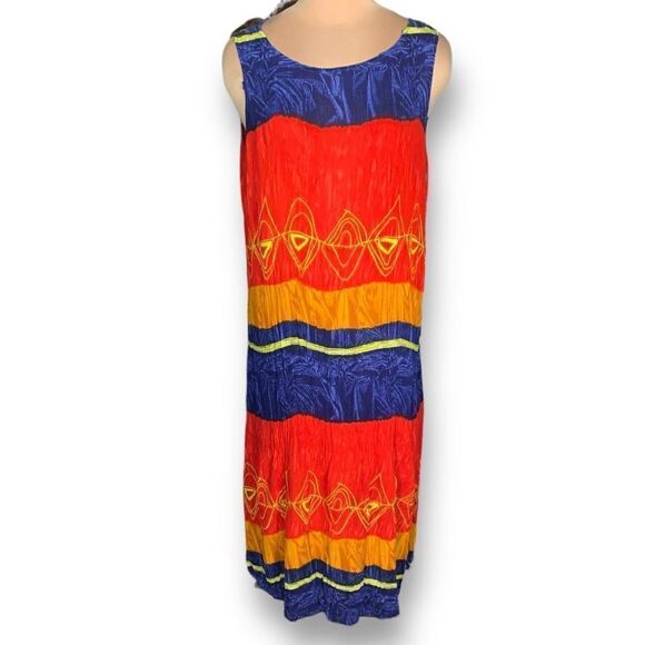 Vintage 90s Maxi Dress Red Blue Pattern Tropical Abstract Art Sleeveless Tank XL - Picture 1 of 10